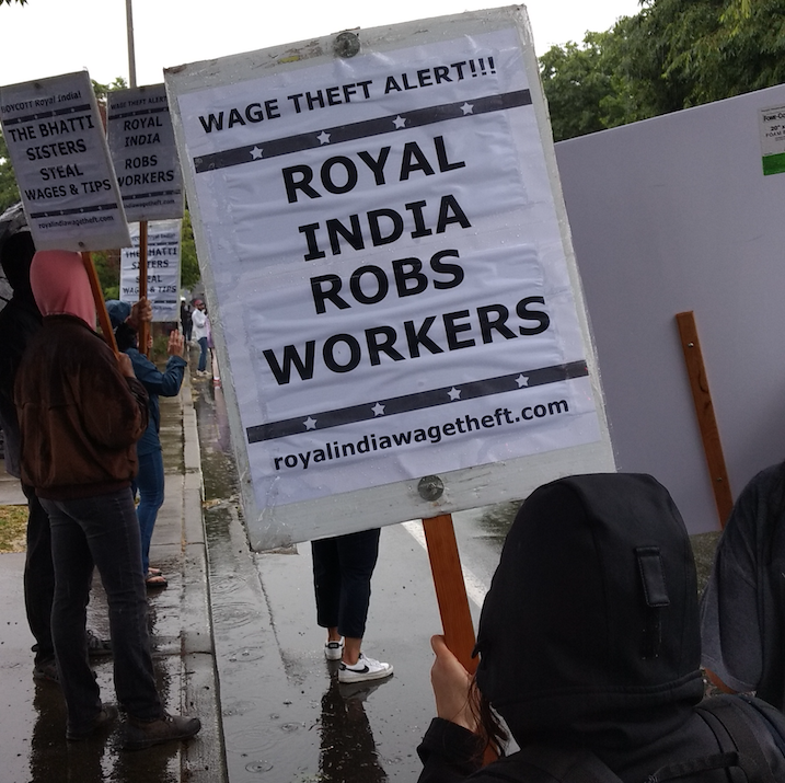 Picketing Royal India wage-thieving bosses in the rain
